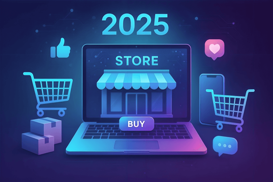 "Digital illustration of an e-commerce store with shopping cart, delivery icons, and mobile apps, highlighting online business growth in 2025 with modern strategies."
